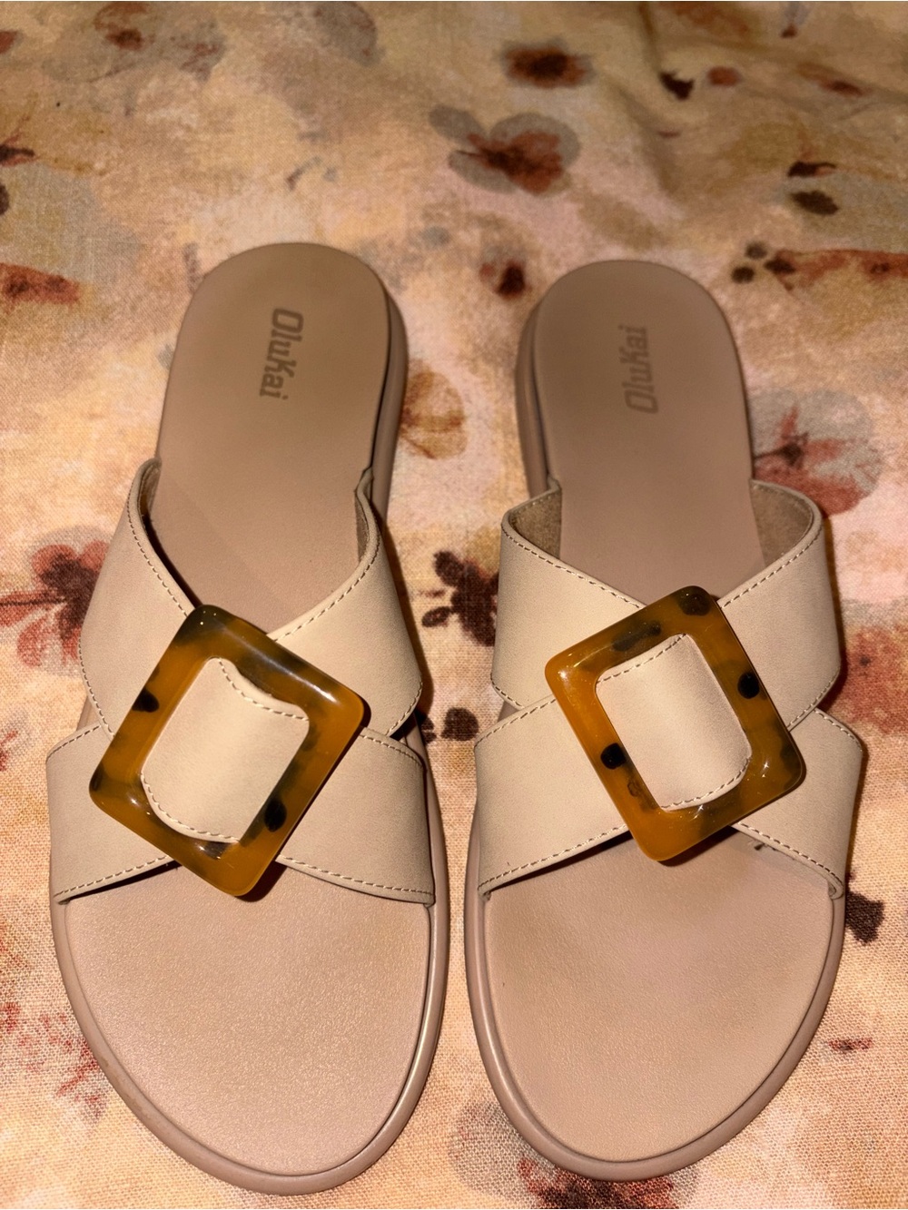 OluKai Women's Tan Slide Sandals with Tortoiseshell Buckle